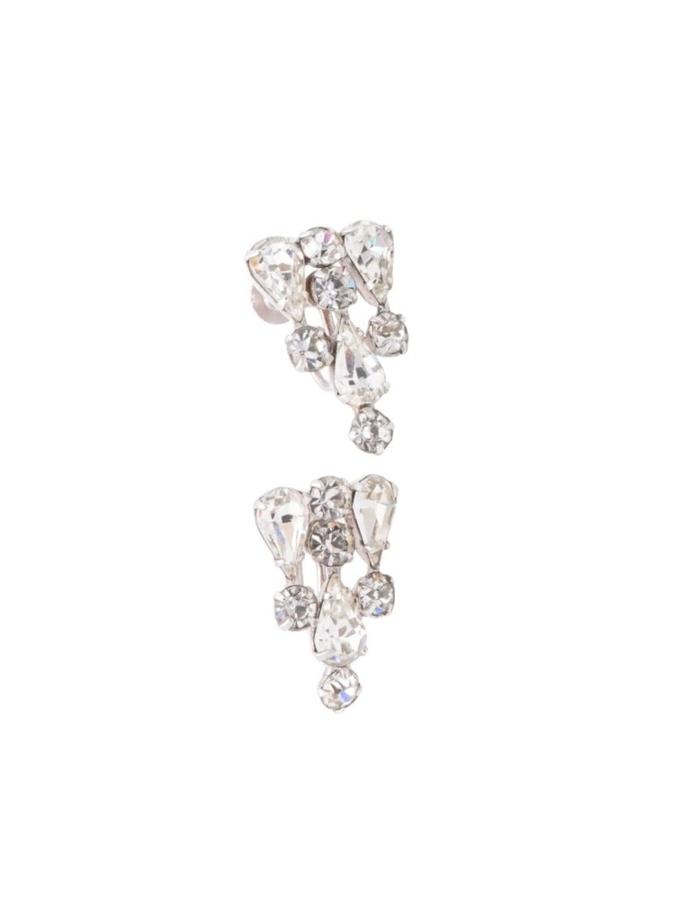Vintage Rhinestone Cluster Clip On Earrings Silver Tone Dangle 1 Inch